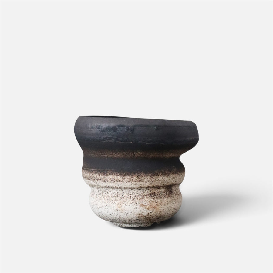 One-of-a-Kind Japanese Ceramic Bonsai Pot — Layered Charcoal & Stone