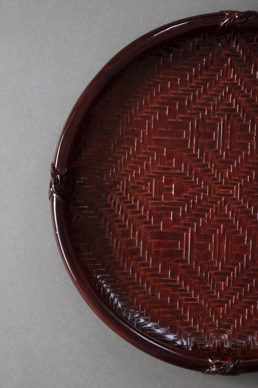 Red Lacquer Woven Bamboo Obon Tray | Traditional Tea Tray | Unused Japanese Craft | 30cm One of a Kind
