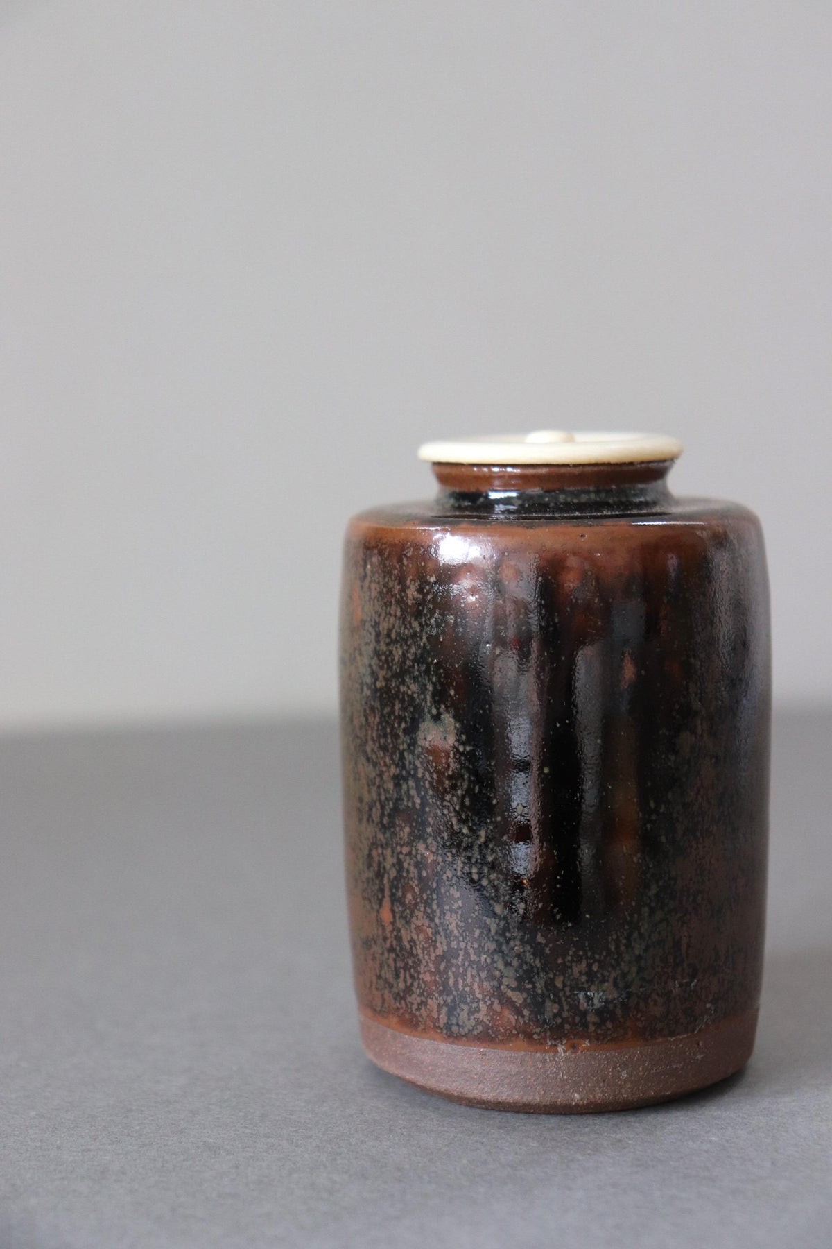 Vintage Ichino Shinsui Japanese Chaire Tea Caddy, Signed Ceramic with Shifuku Pouch, Tea Ceremony Utensil