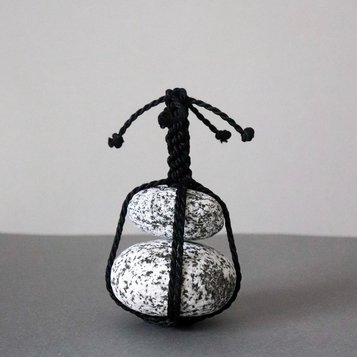 Japanese Sekimori-ishi Barrier Stone, Double Niigata Natural Stone with Black Garden Rope, Wabi Sabi Sculpture