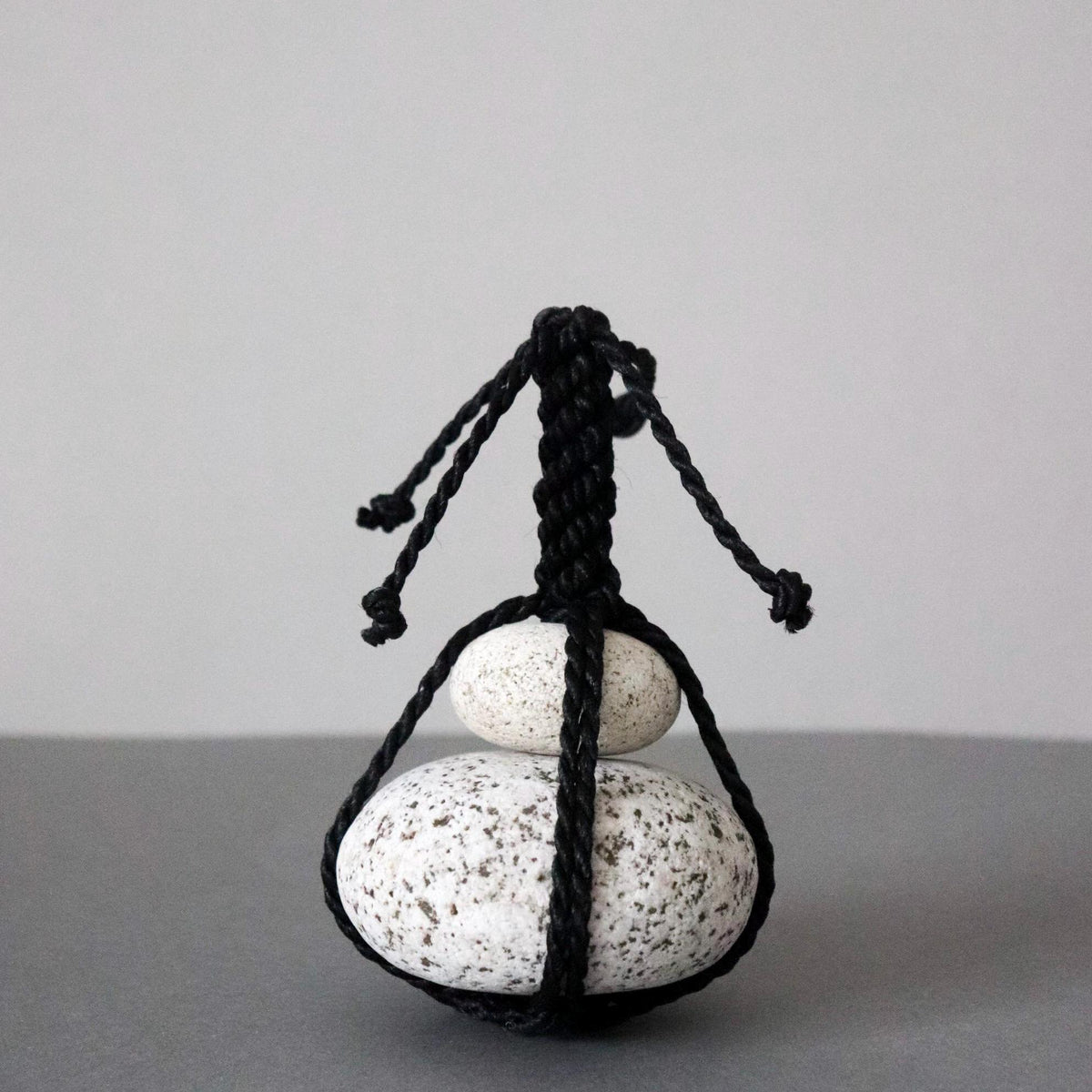 Japanese Sekimori-ishi Barrier Stone, Double Niigata Natural Stone with Black Garden Rope, Wabi Sabi Sculpture