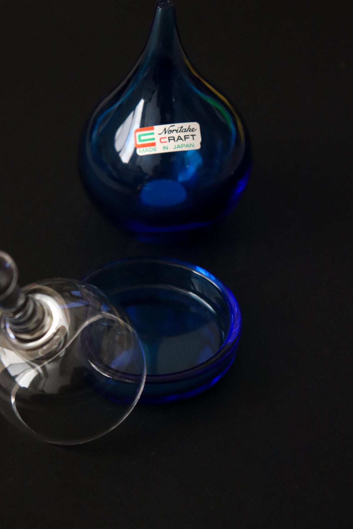 Vintage Noritake Craft Glass Condiment Containers Set of 2, Cobalt Blue and Clear Japanese Glassware, Made in Japan