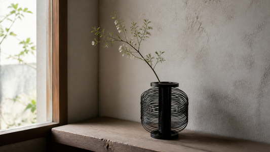 Japanese black bamboo flower vase with a seasonal branch