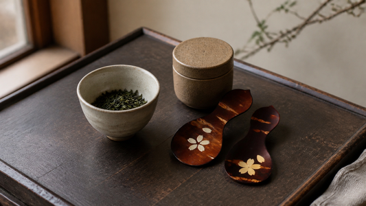 Japanese cherry bark tea scoop with sakura inlay on a tea tray