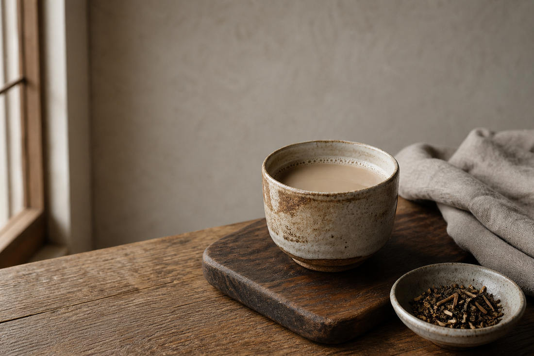 Handmade ceramic cup of hojicha latte beside roasted Japanese tea leaves