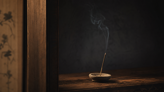 Japanese incense stick in a ceramic holder with rising smoke