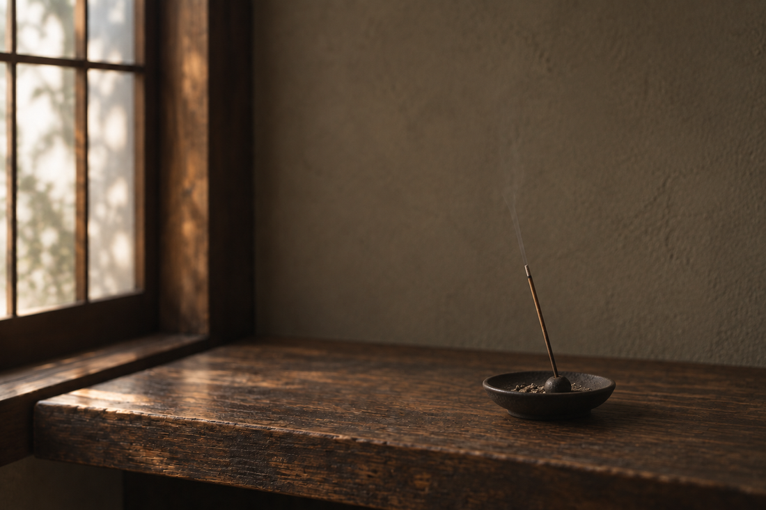 Minimal Japanese incense burning in a small ceramic holder by a window