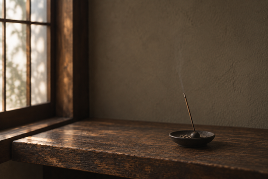 Minimal Japanese incense burning in a small ceramic holder by a window
