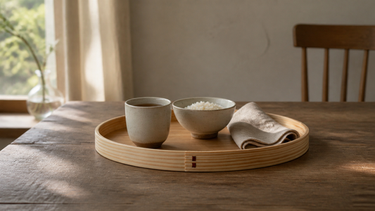 Japanese Kishu wooden tray set for a quiet breakfast