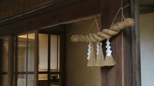 Natural Japanese shimenawa sacred rope in a wooden entryway