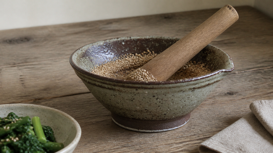 Japanese suribachi mortar bowl with freshly ground toasted sesame