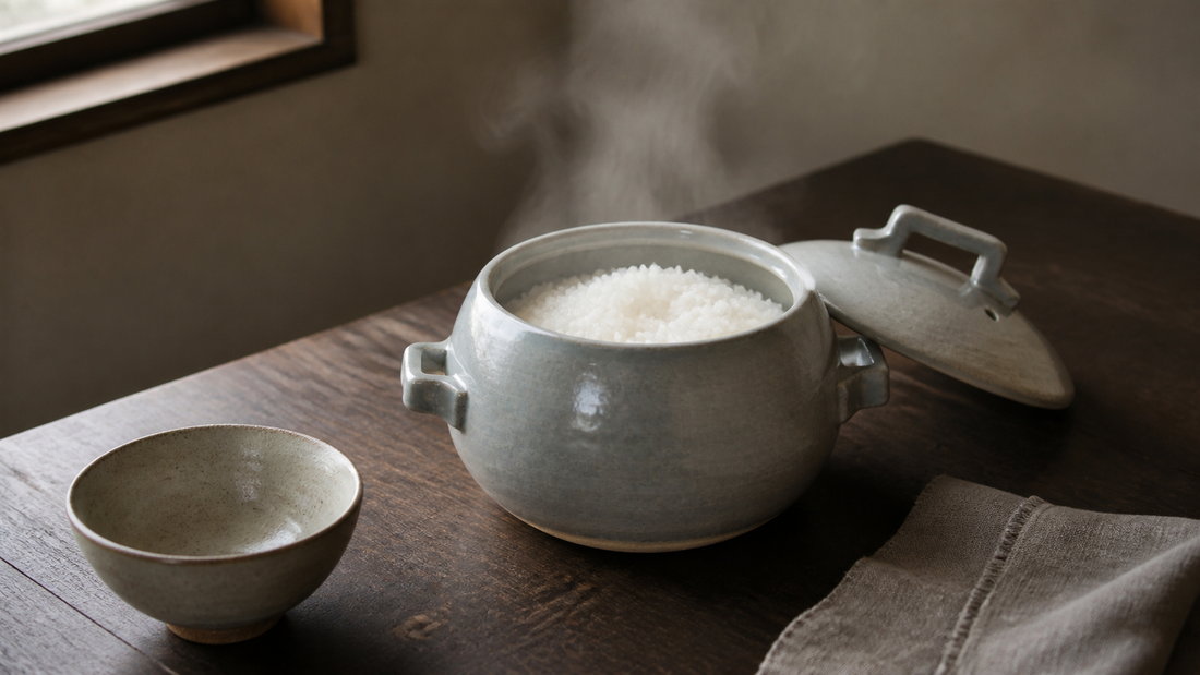 Japanese Banko ware donabe rice pot with freshly cooked rice