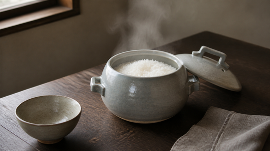 Japanese Banko ware donabe rice pot with freshly cooked rice