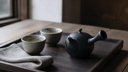 Matte black Tokoname kyusu teapot with green tea
