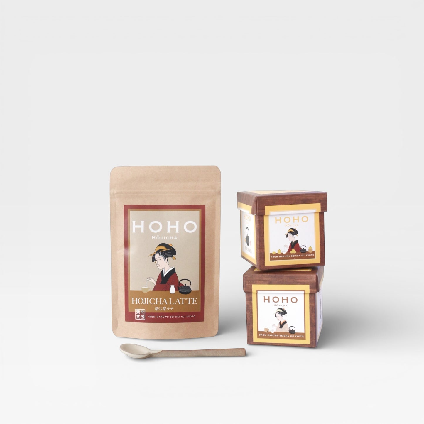 Kyoto Hojicha Gift Set – Latte Mix, Plain & Yuzu Tea Bags with Pottery Spoon