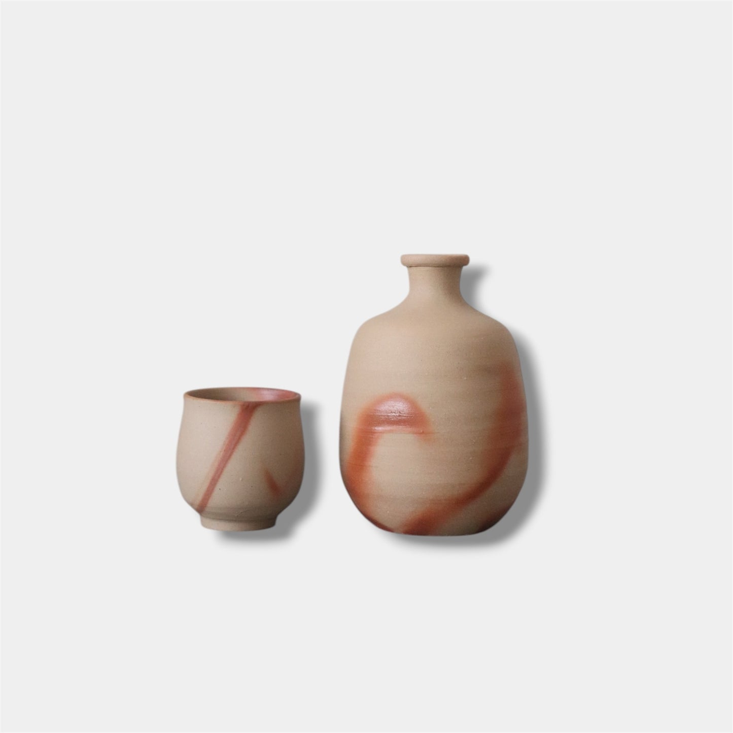 Japanese Bizen Ware Sake Set Handmade Tokkuri and Guinomi