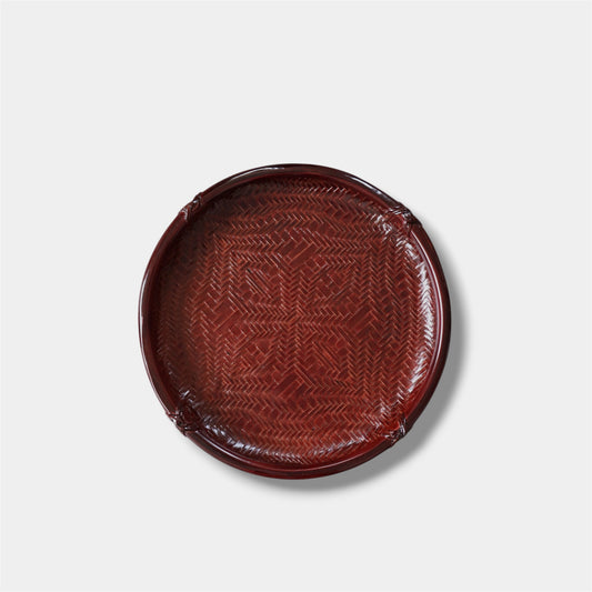 Vintage Japanese Red Lacquer Woven Bamboo Obon Tray
