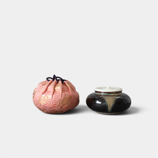 Vintage Japanese Utsumi Chaire Tea Caddy with Silk Oribe Donsu Shifuku