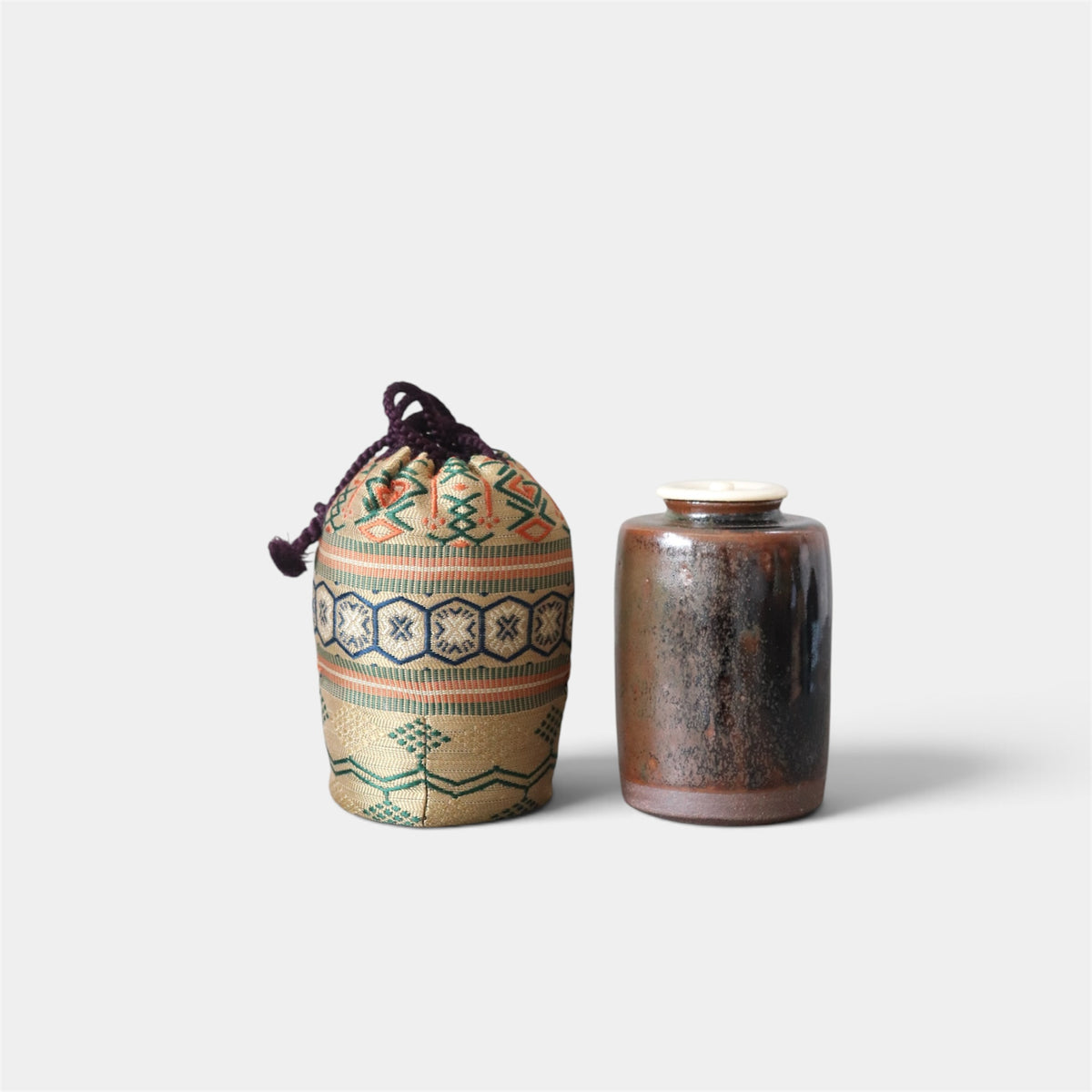 Vintage Ichino Shinsui Japanese Chaire Tea Caddy with Shifuku Pouch