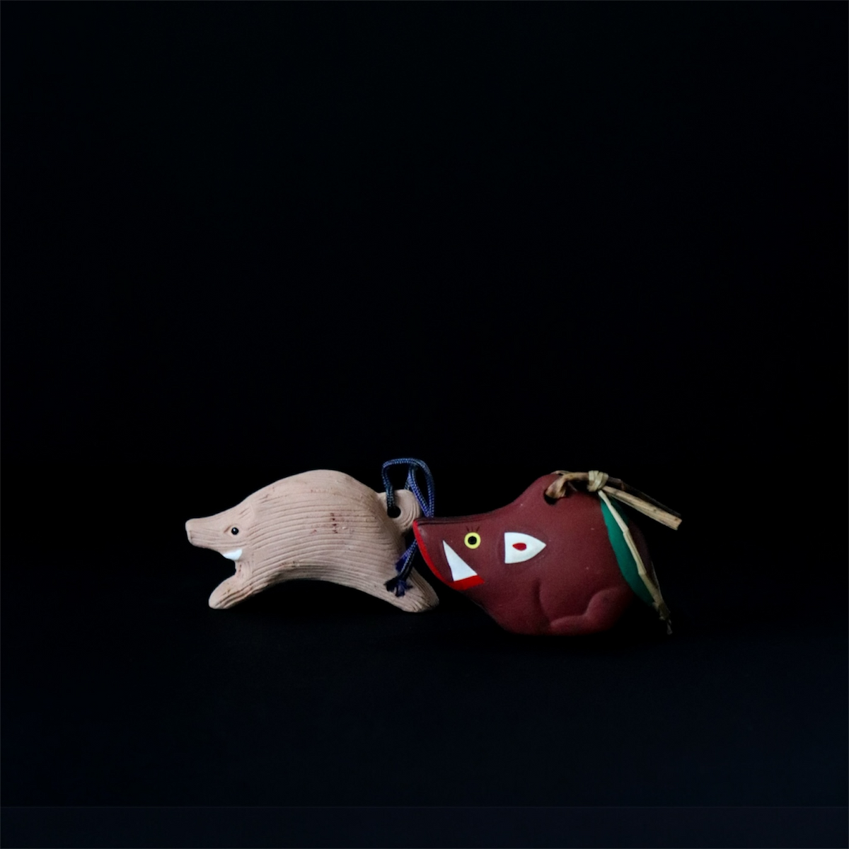 Vintage Nogomi Dolls Set of 2 Japanese Boar Zodiac Clay Bells
