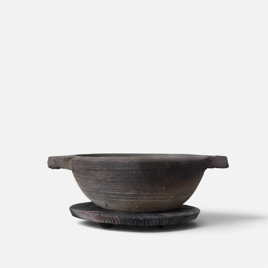 Vintage Jinnai Sakata Japanese Black Ceramic Pot with Trivet