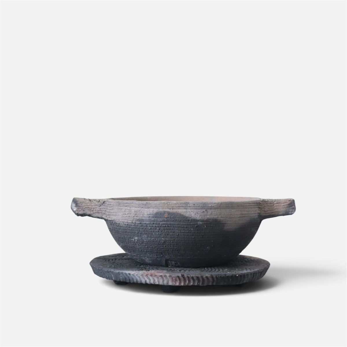 Vintage Jinnai Sakata Japanese Black Ceramic Mini Pot with Trivet