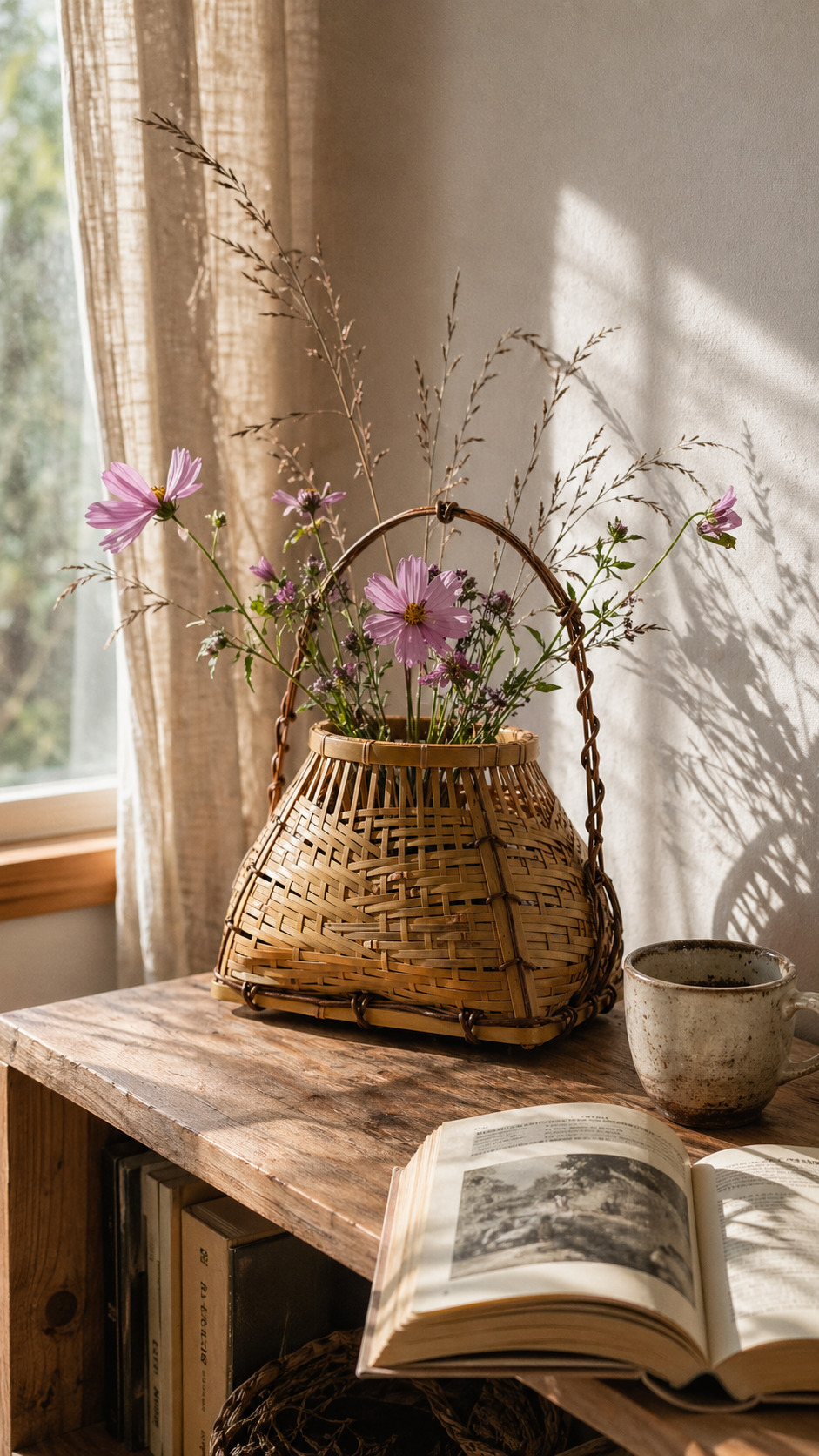 Vintage Japanese Bamboo Flower Basket
