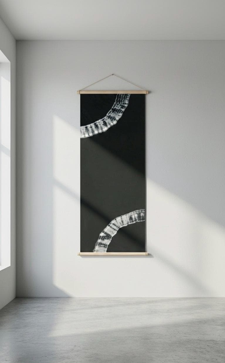 Japanese Shibori Tenugui Fabric Wall Tapestry, Hand-Dyed Kyoto Textile, Black & White Minimal Japanese Wall Art, Cotton Tenugui Cloth
