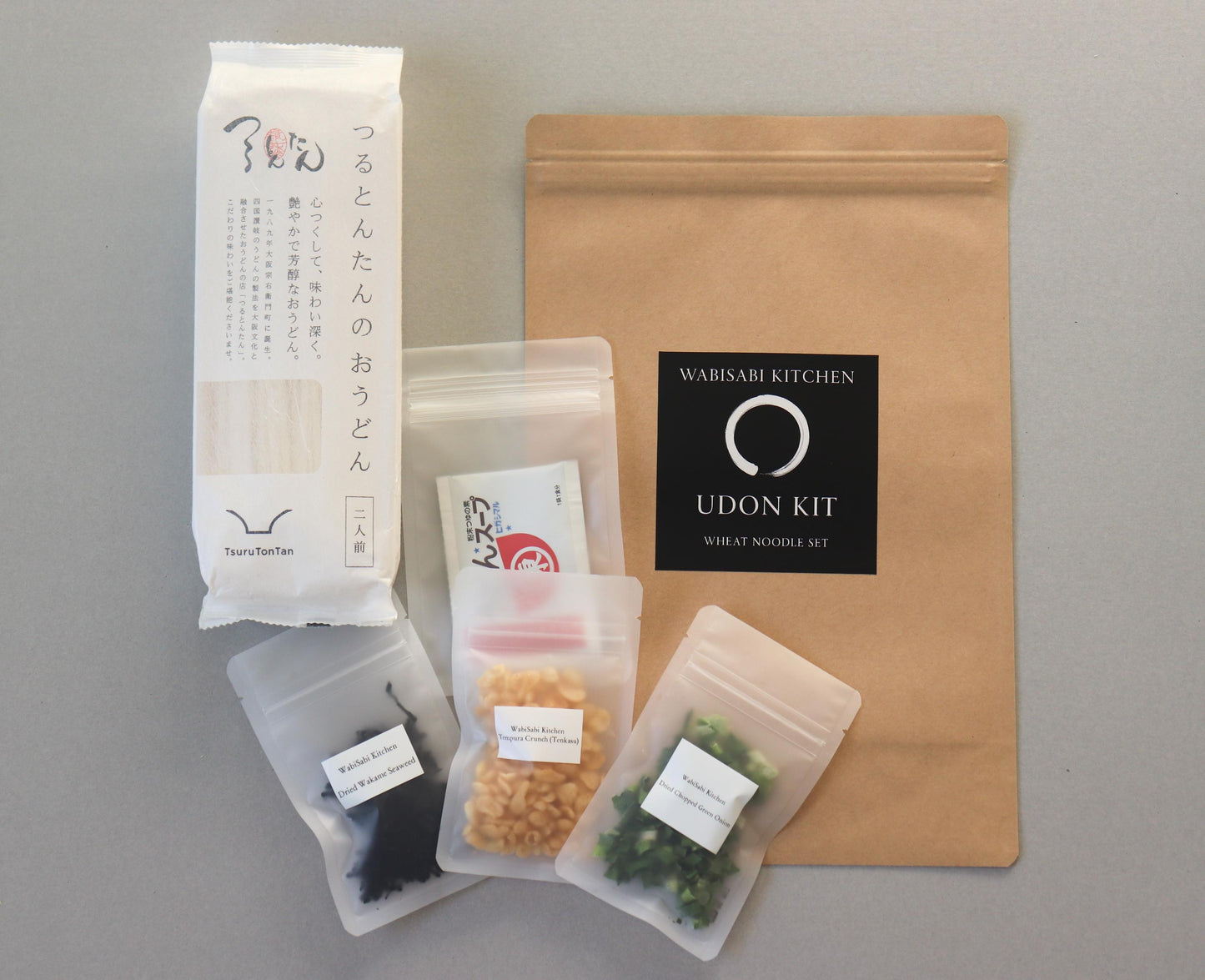 Udon Kit – Japanese Udon Noodle Set | 2 Servings | TsuruTonTan Dry Udon | Soup Base, Dried Organic Green Onion, Wakame, Tempura Crunch