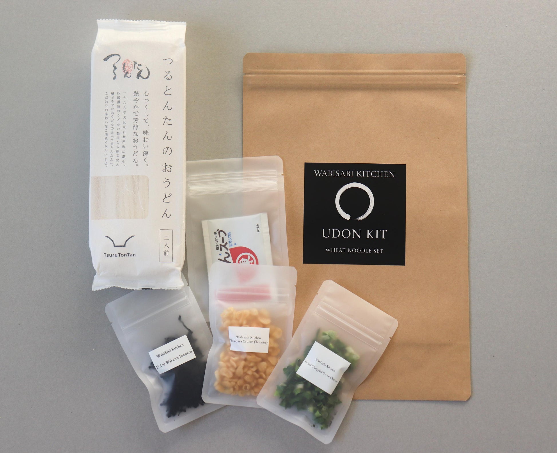 Udon Kit – Japanese Udon Noodle Set | 2 Servings | TsuruTonTan Dry Udon | Soup Base, Dried Organic Green Onion, Wakame, Tempura Crunch
