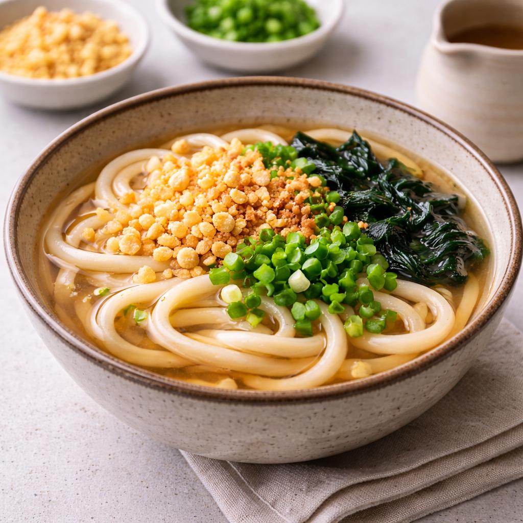 Udon Kit – Japanese Udon Noodle Set | 2 Servings | TsuruTonTan Dry Udon | Soup Base, Dried Organic Green Onion, Wakame, Tempura Crunch