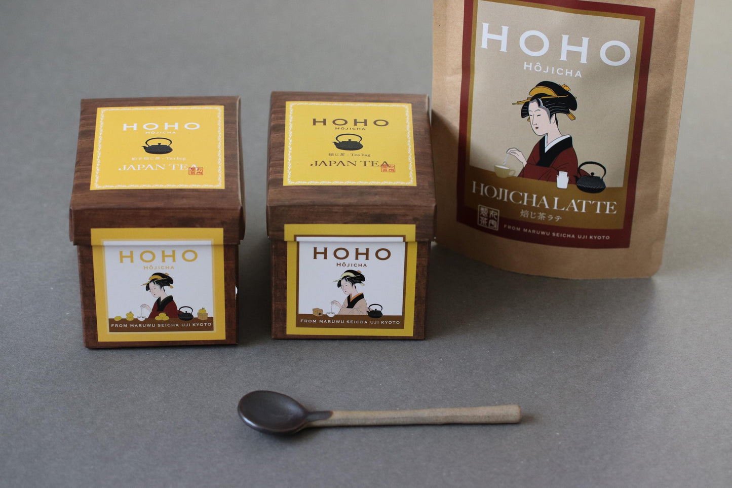 HOHO Hojicha Gift Set | Latte Mix + 2 Tea Boxes + Pottery Tea Spoon | Kyoto Uji Roasted Tea | Japanese Tea Gift Set