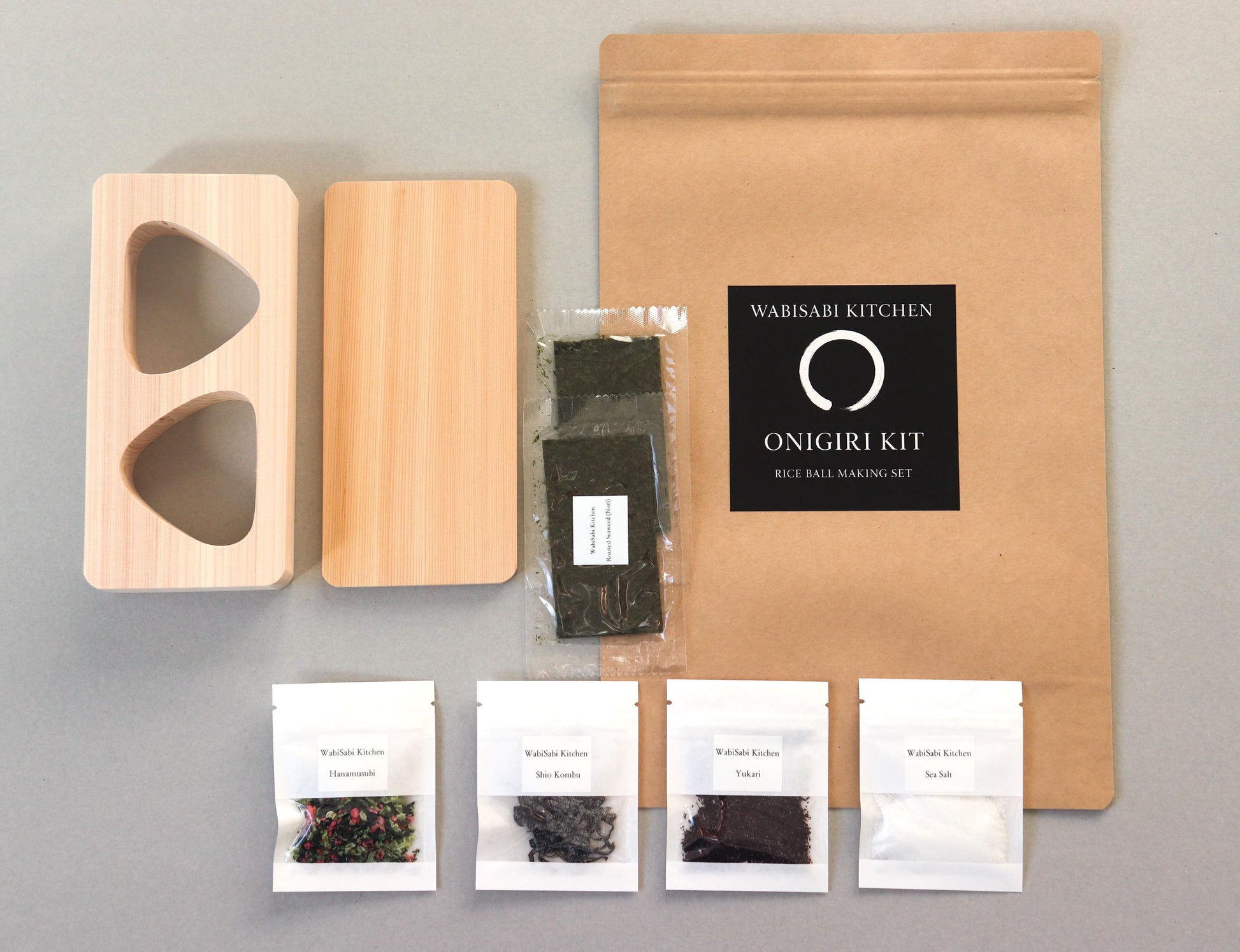 Onigiri Kit – Japanese Rice Ball Making Set | Hinoki Wooden Mold | Ariake Nori, Rokosuke Umami Salt, Yukari, Shio Kombu, Hanamusubi Furikake
