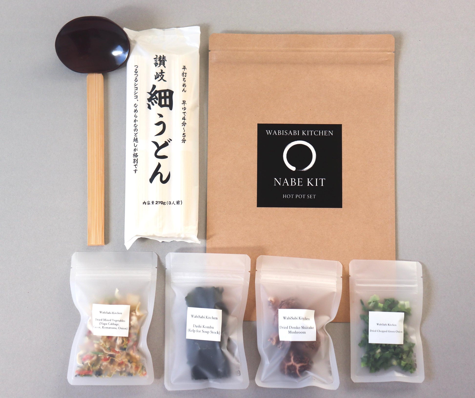 Japanese Nabe Hot Pot Kit–Kombu Dashi & Dry Vegetable Set|Hokkaido Ma-Kombu, Donko Shiitake, Organic Dried Green Onion,Wooden Ladle,Udon