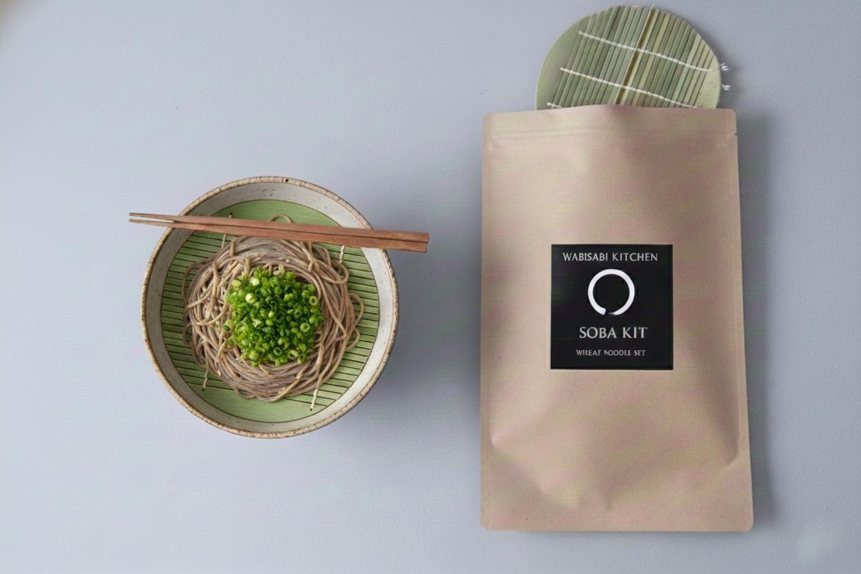 Soba Kit – Japanese Buckwheat Noodle Set | 3 Servings |Traditional 80% Soba | Bamboo Zaru, Soup Base, Dried Organic Green Onion, Recipe Card