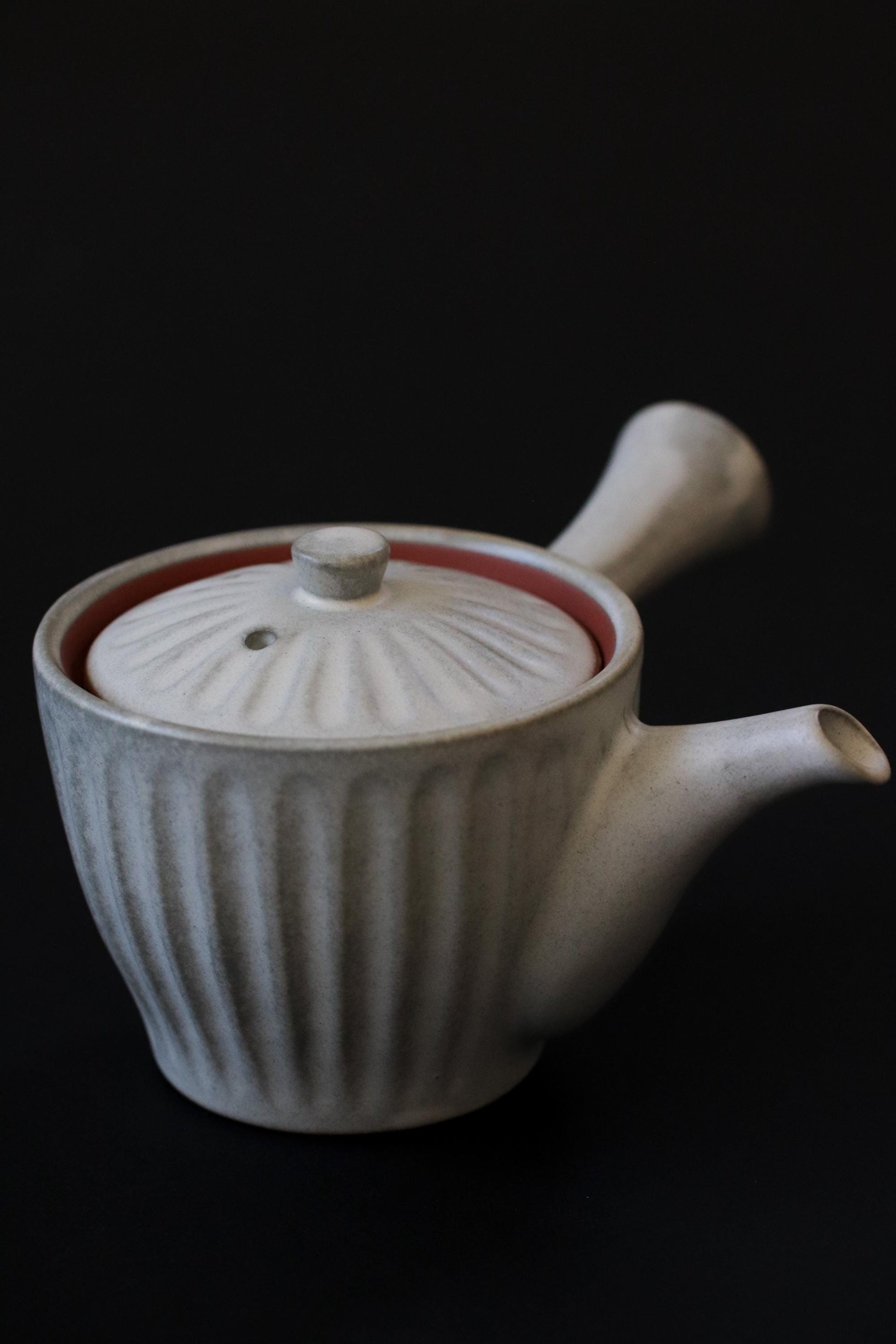 Japanese Kyusu Teapot with Stainless Steel Infuser | Carved Ceramic Teapot | Minimal Gray Pottery | 250ml Handmade Tea Pot
