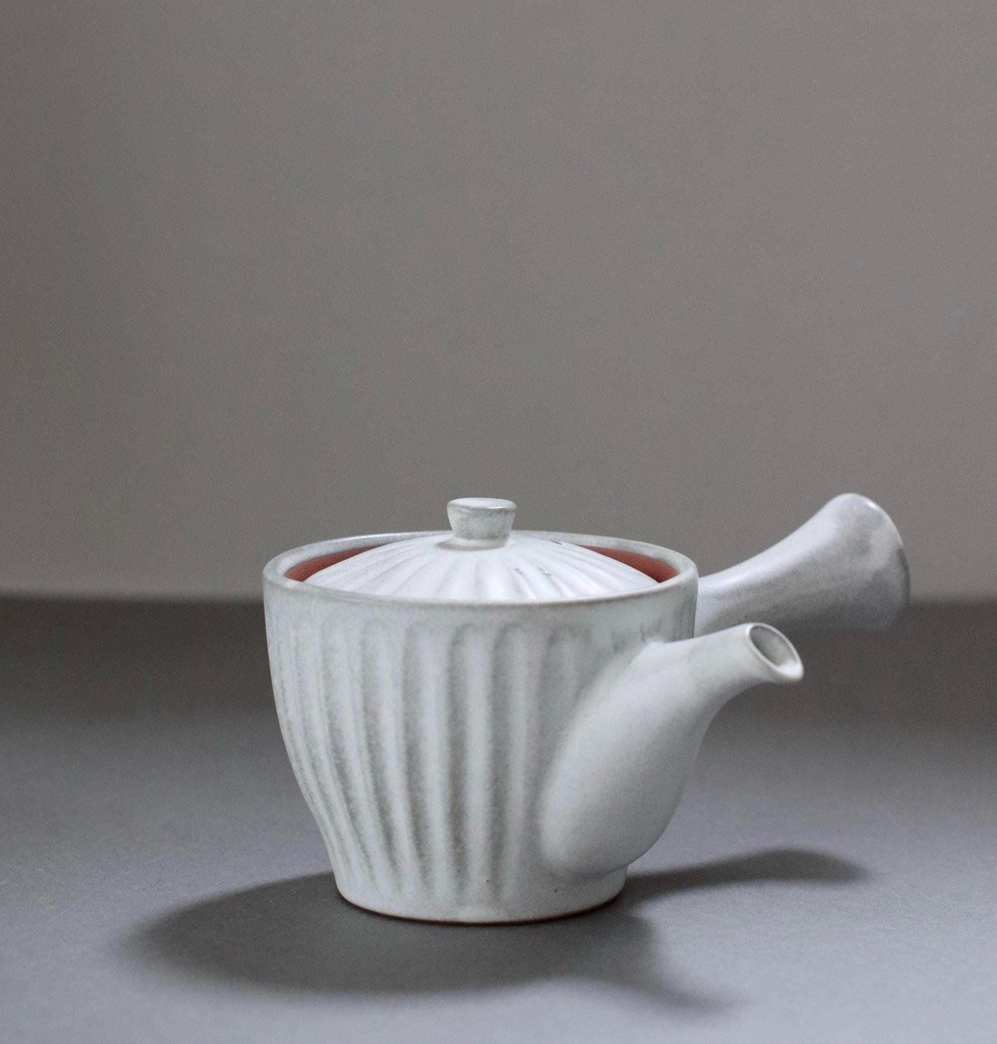 Japanese Kyusu Teapot with Stainless Steel Infuser | Carved Ceramic Teapot | Minimal Gray Pottery | 250ml Handmade Tea Pot