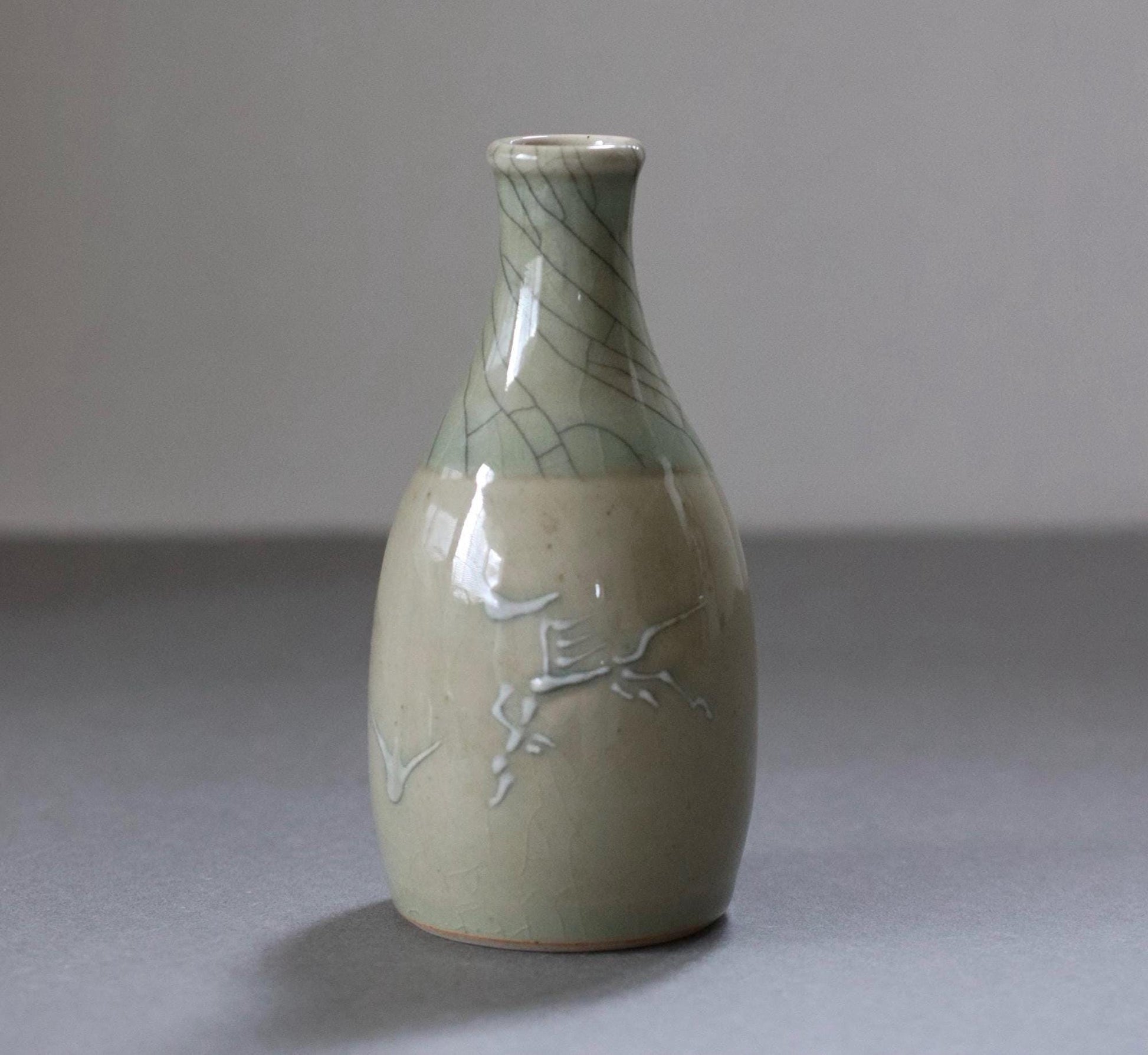 Japanese Celadon Bud Vase | Artist-Signed Tokkuri Style | Crackle Glaze | Wabi-Sabi Decor | Handmade in Japan