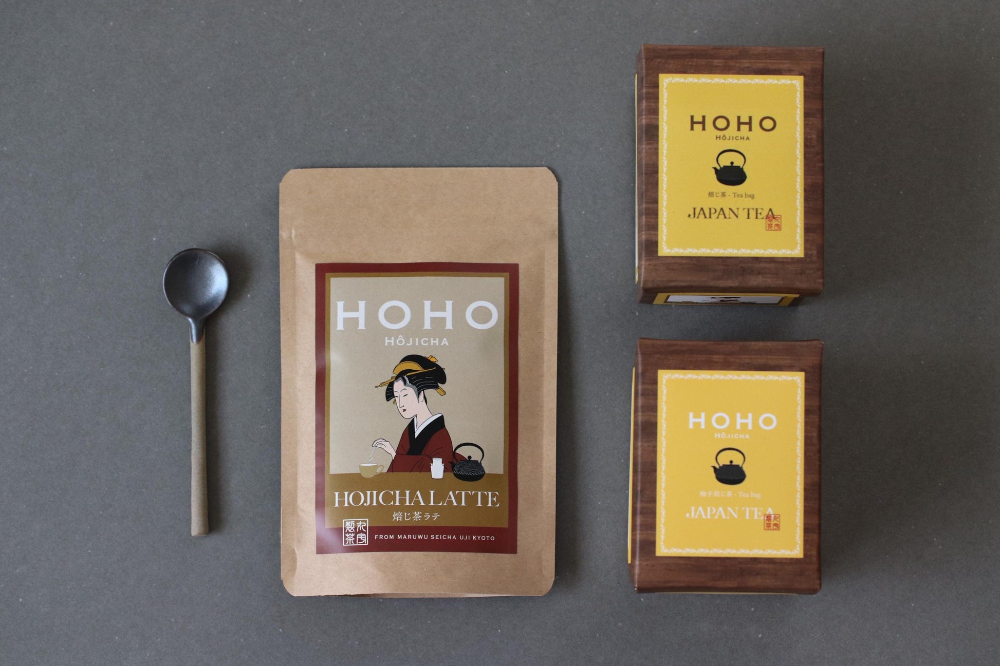 HOHO Hojicha Gift Set | Latte Mix + 2 Tea Boxes + Pottery Tea Spoon | Kyoto Uji Roasted Tea | Japanese Tea Gift Set