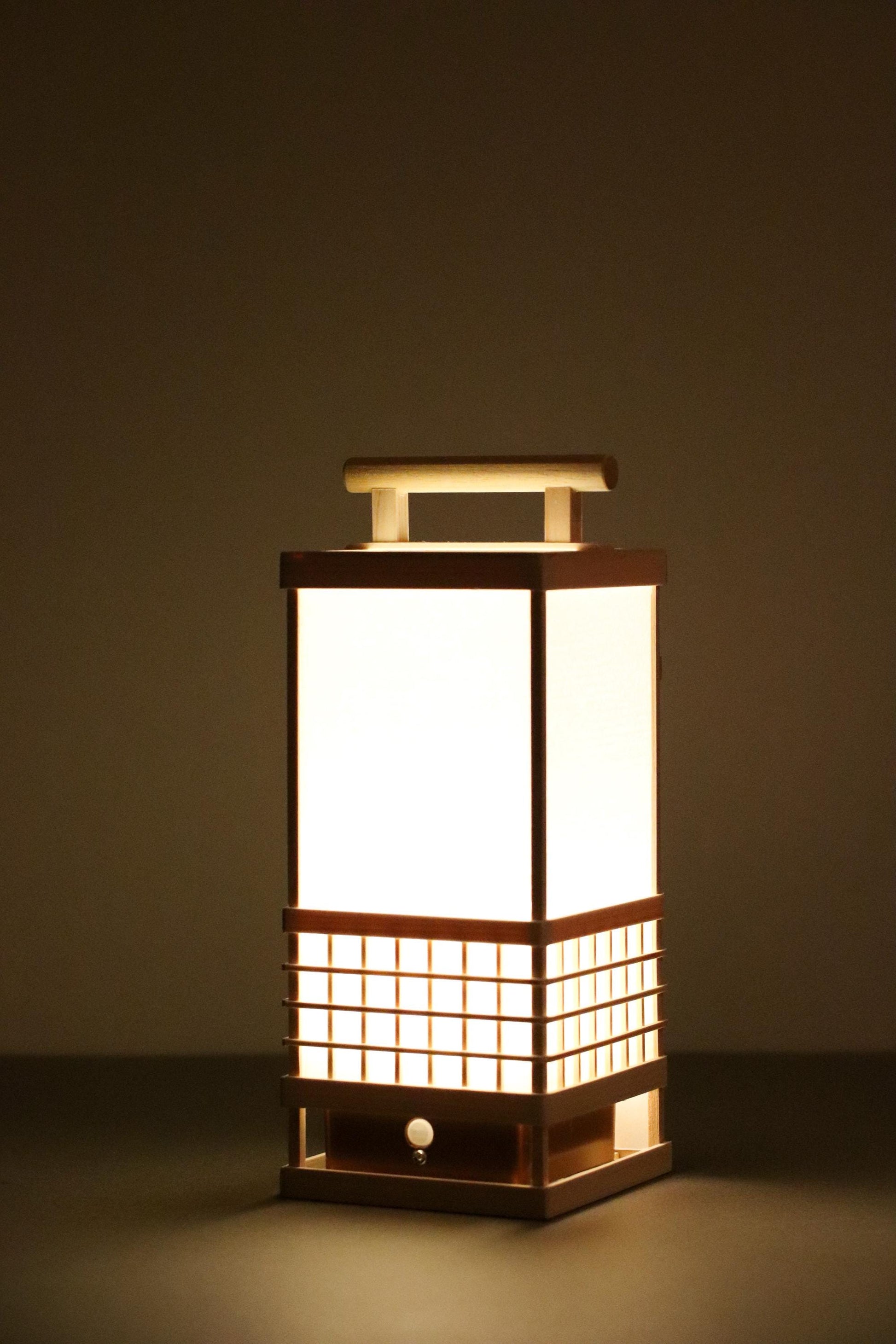 Japanese Hinoki & Washi Lantern Lamp | Motion Sensor LED Night Light | Handmade Wooden Table Lamp | Minimalist Japanese Decor Gift