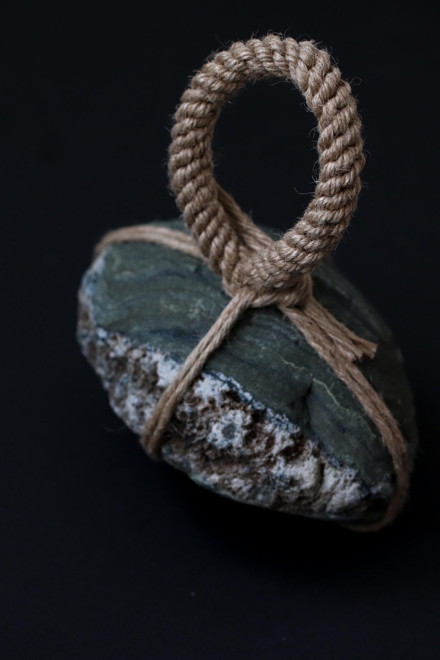 Sekimori-ishi Guardian Stone, Natural Green&White River Stone from Japan, Hand-Tied with Natural Fiber Rope,Zen Ritual Object, One-of-a-Kind