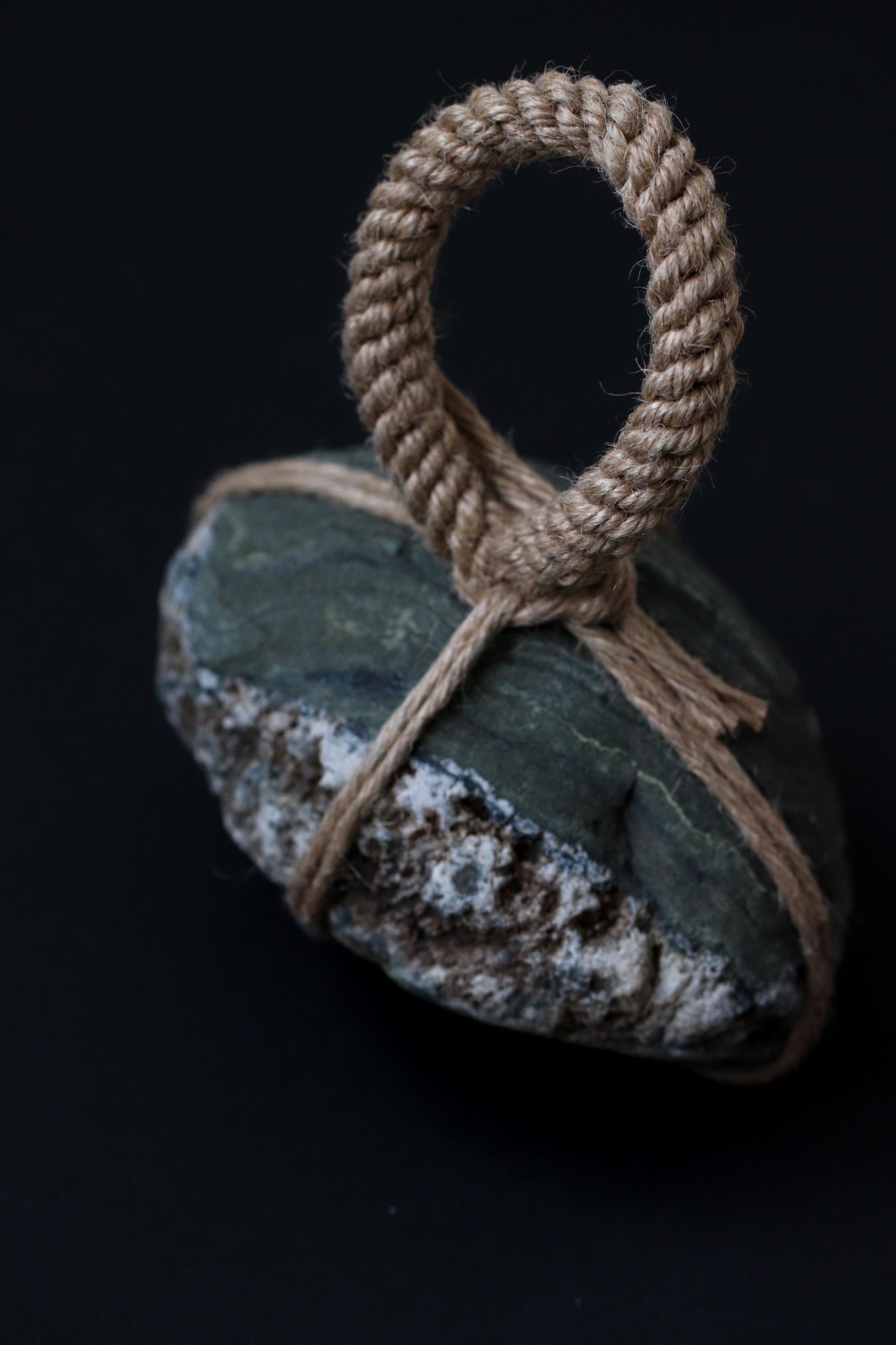 Sekimori-ishi Guardian Stone, Natural Green&White River Stone from Japan, Hand-Tied with Natural Fiber Rope,Zen Ritual Object, One-of-a-Kind