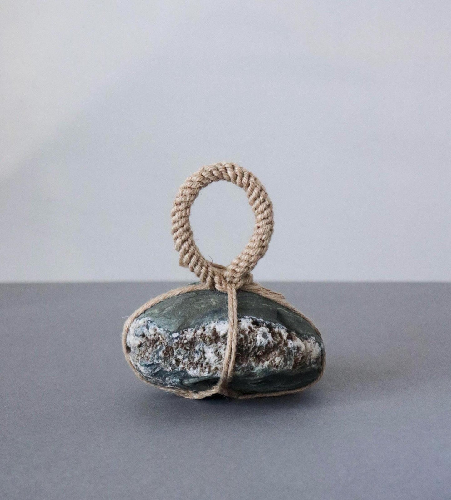 Sekimori-ishi Guardian Stone, Natural Green&White River Stone from Japan, Hand-Tied with Natural Fiber Rope,Zen Ritual Object, One-of-a-Kind