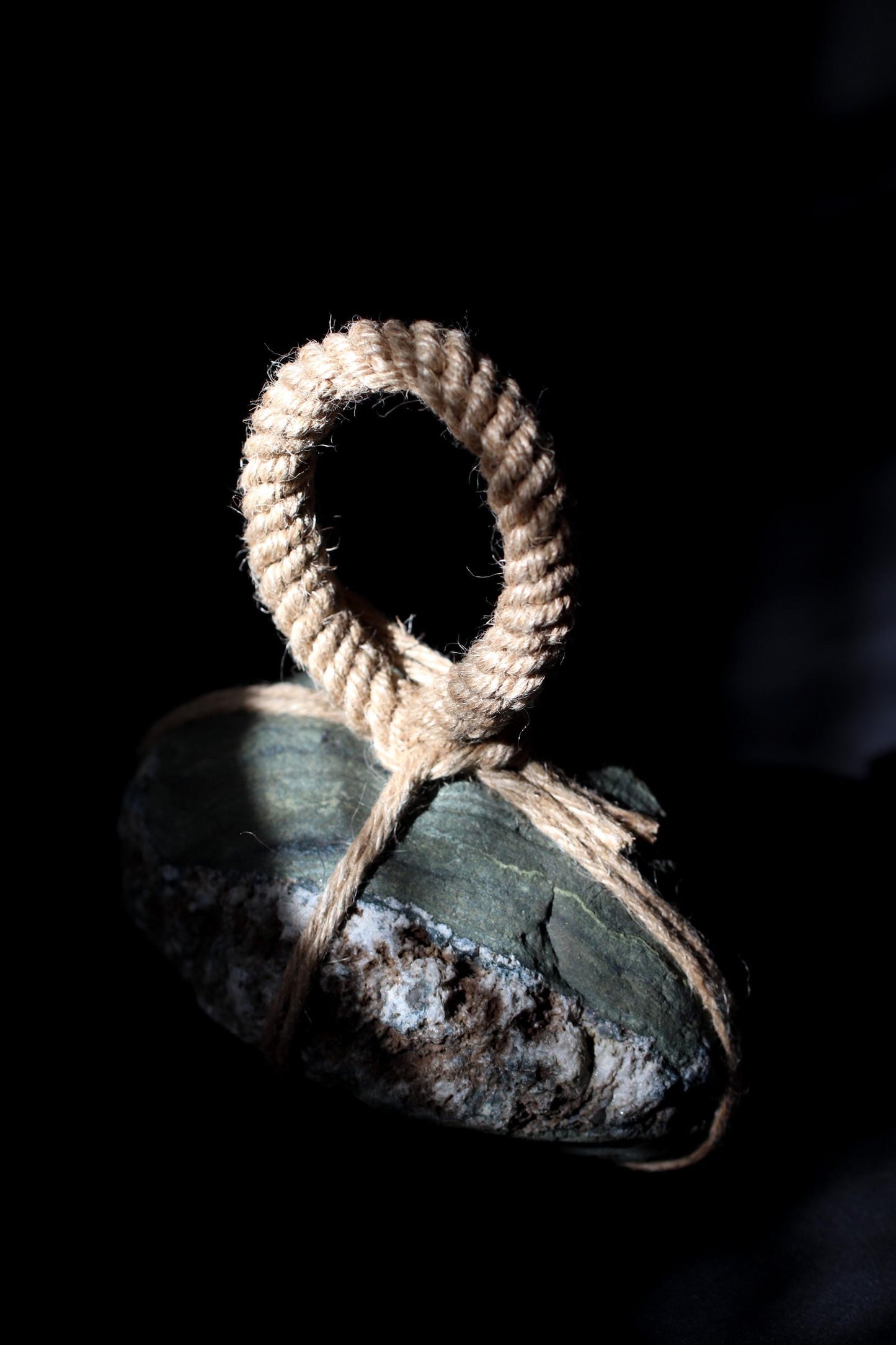 Sekimori-ishi Guardian Stone, Natural Green&White River Stone from Japan, Hand-Tied with Natural Fiber Rope,Zen Ritual Object, One-of-a-Kind