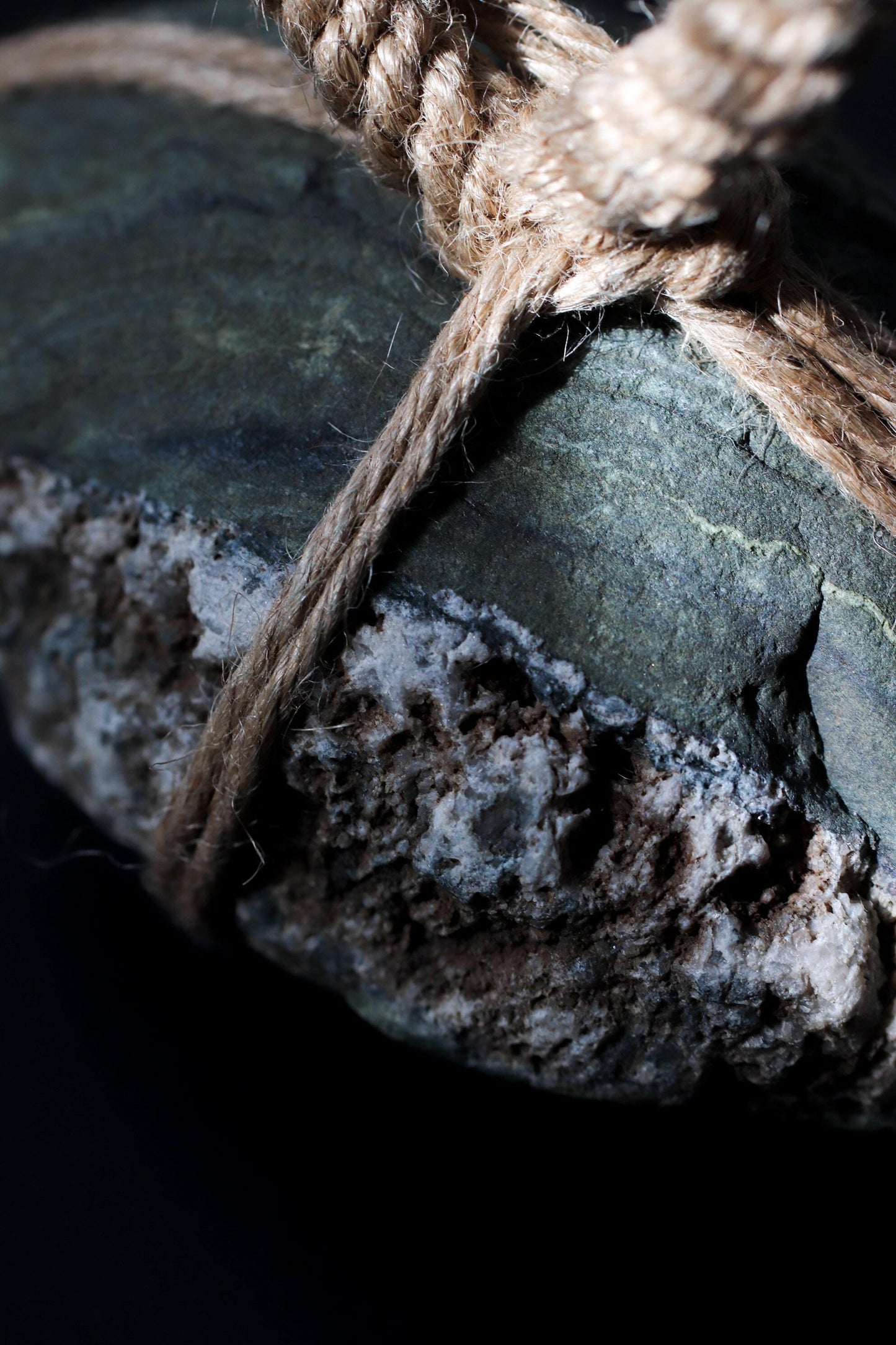 Sekimori-ishi Guardian Stone, Natural Green&White River Stone from Japan, Hand-Tied with Natural Fiber Rope,Zen Ritual Object, One-of-a-Kind