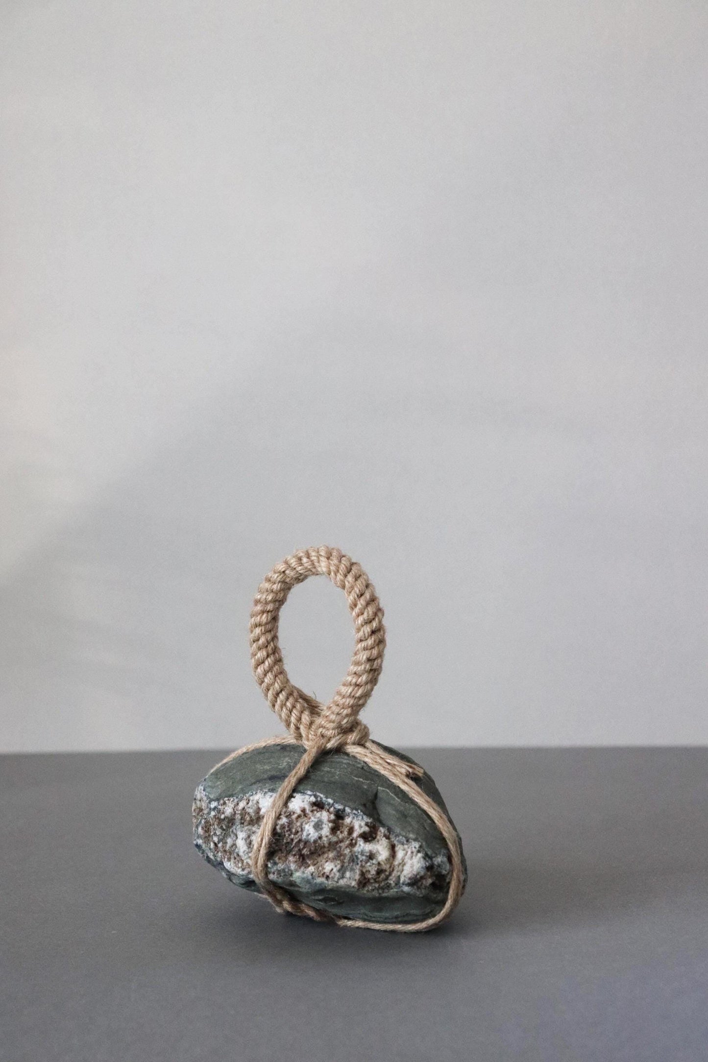 Sekimori-ishi Guardian Stone, Natural Green&White River Stone from Japan, Hand-Tied with Natural Fiber Rope,Zen Ritual Object, One-of-a-Kind