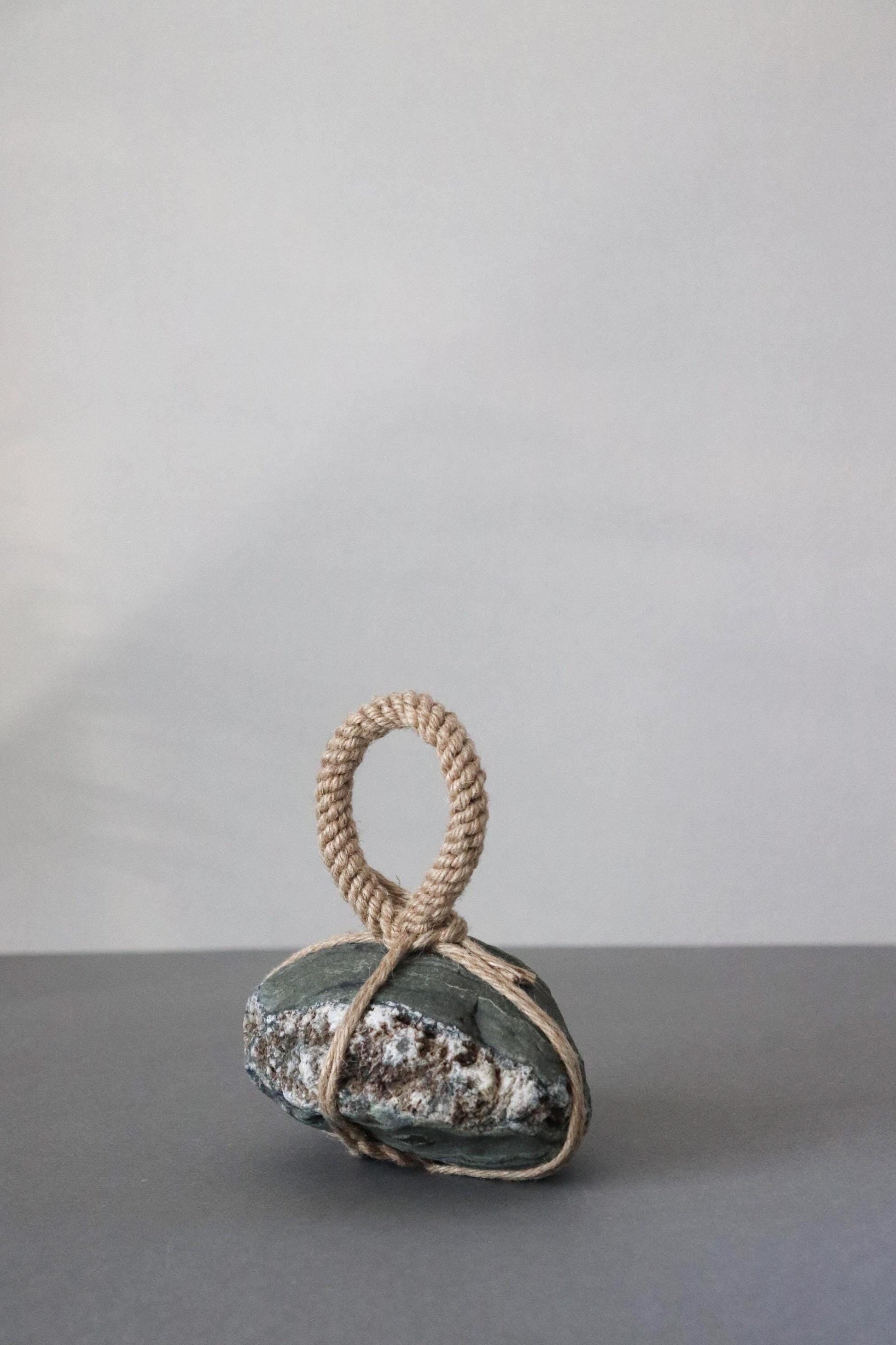 Sekimori-ishi Guardian Stone, Natural Green&White River Stone from Japan, Hand-Tied with Natural Fiber Rope,Zen Ritual Object, One-of-a-Kind