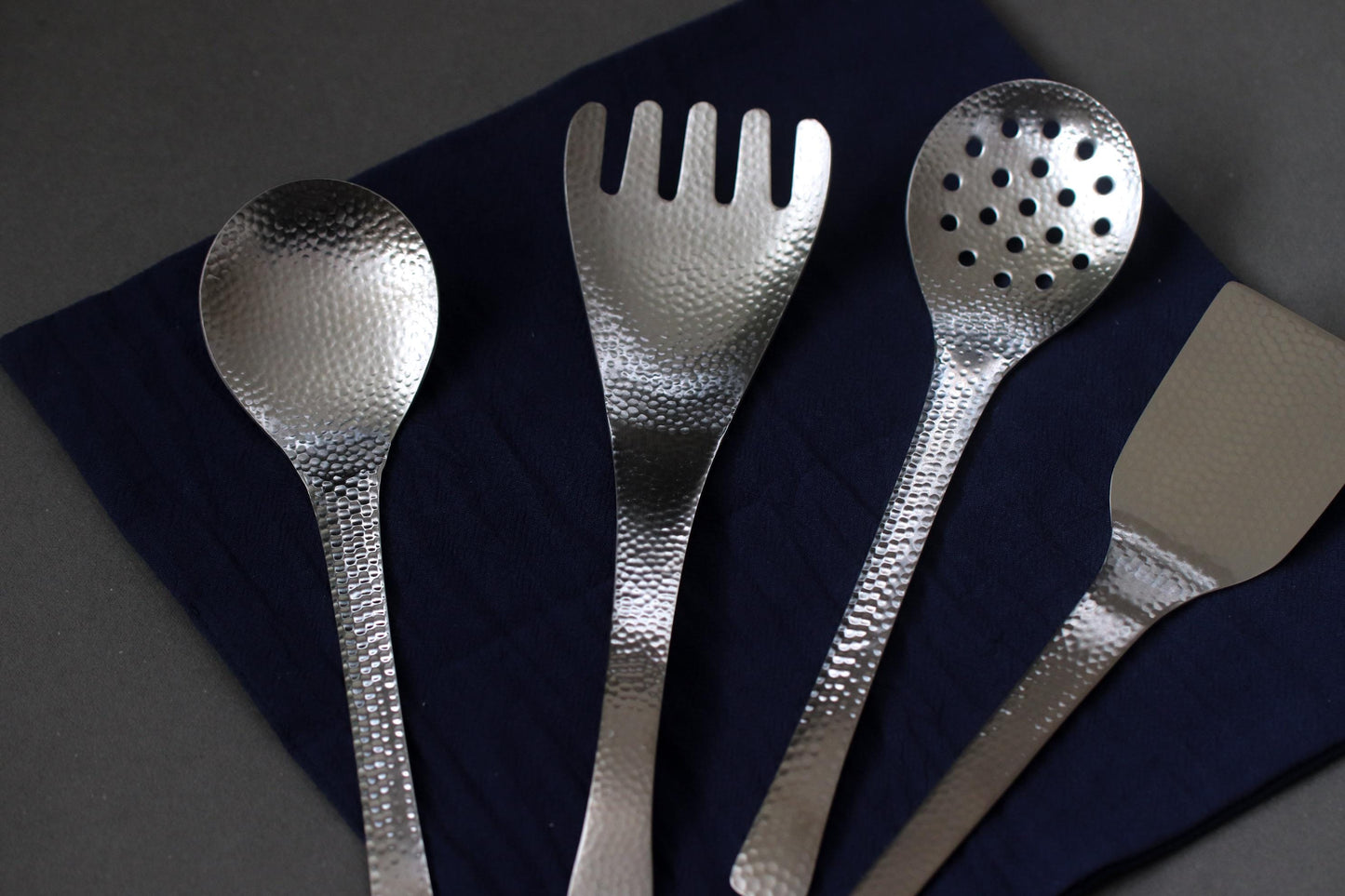 Japanese Nagomi Hammered Stainless Steel Slotted Serving Spoon – Tsubame-Sanjo Cutlery, Round Perforated Ladle, 18-8 Steel, Made in Japan