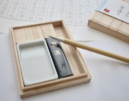 Japanese Calligraphy Set in Kiri Wood Box–Mini Shodo Writing Kit with Ceramic Suzuri Ink Stone, Sumi Ink&Brush–Traditional Japanese Art Gift