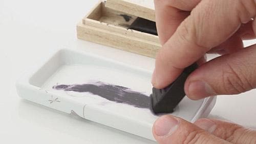 Japanese Calligraphy Set in Kiri Wood Box–Mini Shodo Writing Kit with Ceramic Suzuri Ink Stone, Sumi Ink&Brush–Traditional Japanese Art Gift